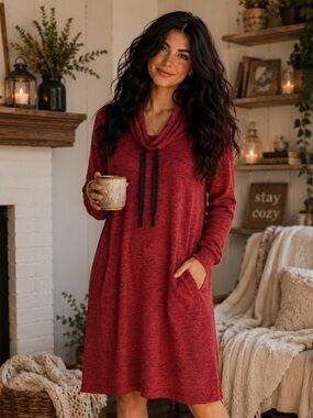Bass Marled Drawstring Cowlneck Knit Dress Red Black M